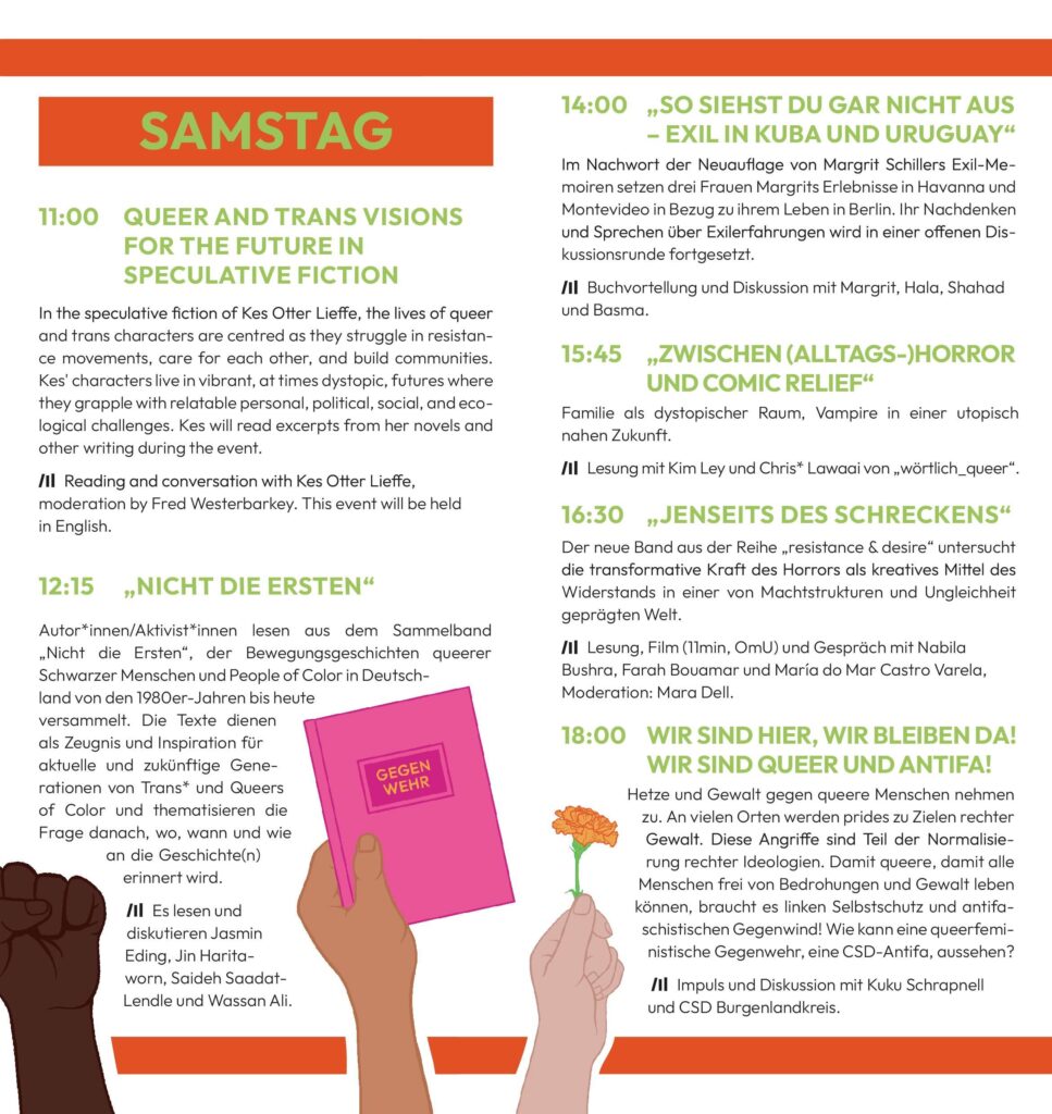 Samstag
11:00 Queer and Trans visions for the future in speculative fiction
In the speculative fiction of Kes Otter Lieffe, the lives of queer and trans characters are centred as they struggle in resistance movements, care for each other, and build communities. Kes' characters live in vibrant, at times dystopic, futures where they grapple with relatable personal, political, social, and ecological challenges. Kes will read excerpts from her novels and other writing during the event.
> Reading and conversation with Kes Otter Lieffe, moderation by Fred Westerbarkey. This event will be held in English.
12:15 „Nicht die Ersten“
Autor*innen/Aktivist*innen lesen aus dem Sammelband „Nicht die Ersten“, der Bewegungsgeschichten queerer Schwarzer Menschen und People of Color in Deutschland von den 1980er-Jahren bis heute versammelt. Die Texte dienen als Zeugnis und Inspiration für aktuelle und zukünftige Generationen von Trans* und Queers of Color und thematisieren die Frage danach, wo, wann und wie an die Geschichte(n) erinnert wird.
> Es lesen und diskutieren Jasmin Eding, Jin Haritaworn, Saideh Saadat-Lendle und Wassan Ali.
14:00 „So siehst du gar nicht aus – Exil in Kuba und Uruguay“
Im Nachwort der Neuauflage von Margrit Schillers Exil-Memoiren setzen drei Frauen Margrits Erlebnisse in Havanna und Montevideo in Bezug zu ihrem Leben in Berlin. Ihr Nachdenken und Sprechen über Exilerfahrungen wird in einer offenen Diskussionsrunde fortgesetzt.
> Buchvortellung und Diskussion mit Margrit, Hala, Shahad und Basma.
15:45 „Zwischen (Alltags-)Horror und Comic Relief“
Familie als dystopischer Raum, Vampire in einer utopisch
nahen Zukunft.
> Lesung mit Kim Ley und Chris* Lawaai von „wörtlich_queer“.
16:30 „Jenseits des Schreckens“
Der neue Band aus der Reihe „resistance & desire“ untersucht die transformative Kraft des Horrors als kreatives Mittel des Widerstands in einer von Machtstrukturen und Ungleichheit geprägten Welt.
> Lesung, Film (11min, OmU) und Gespräch mit Nabila Bushra, Farah Bouamar und María do Mar Castro Varela, Moderation: Mara Dell.
18:00 Wir sind hier, wir bleiben da! Wir sind Queer und Antifa!
Hetze und Gewalt gegen queere Menschen nehmen zu. An vielen Orten werden prides zu Zielen rechter Gewalt. Diese Angriffe sind Teil der Normalisierung rechter Ideologien. Damit queere, damit alle Menschen frei von Bedrohungen und Gewalt leben können, braucht es linken Selbstschutz und antifaschistischen Gegenwind! Wie kann eine queerfeministische Gegenwehr, eine CSD-Antifa, aussehen?
> Impuls und Diskussion mit Kuku Schrapnell und CSD Burgenlandkreis.